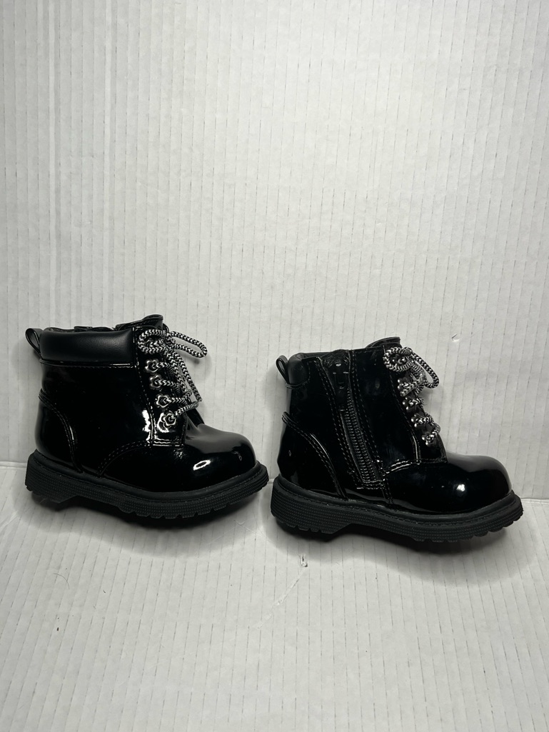 Wonder Nation Black Patent Lace-Up Kids Ankle Boots With Side Zip